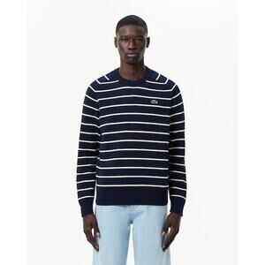 Lacoste Men's Striped 3D Knit Cotton Crew Neck Sweater Navy Blue/White Size S
